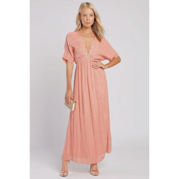 Goddess Island Vibes Rose Gold Striped Dolman Sleeve Lightweight Maxi Size XL - Picture 1 of 12